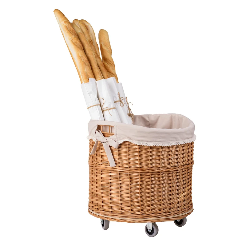 Caros large, round, mobile storage basket — wicker display basket with fabric lining by TheWickerStories