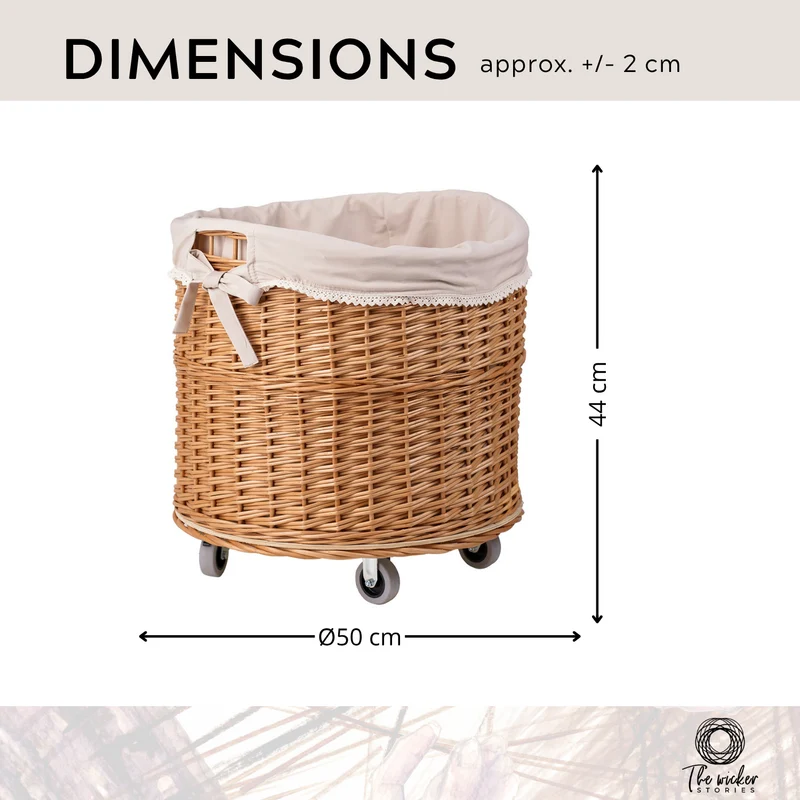 Caros large, round, mobile storage basket — wicker display basket with fabric lining by TheWickerStories