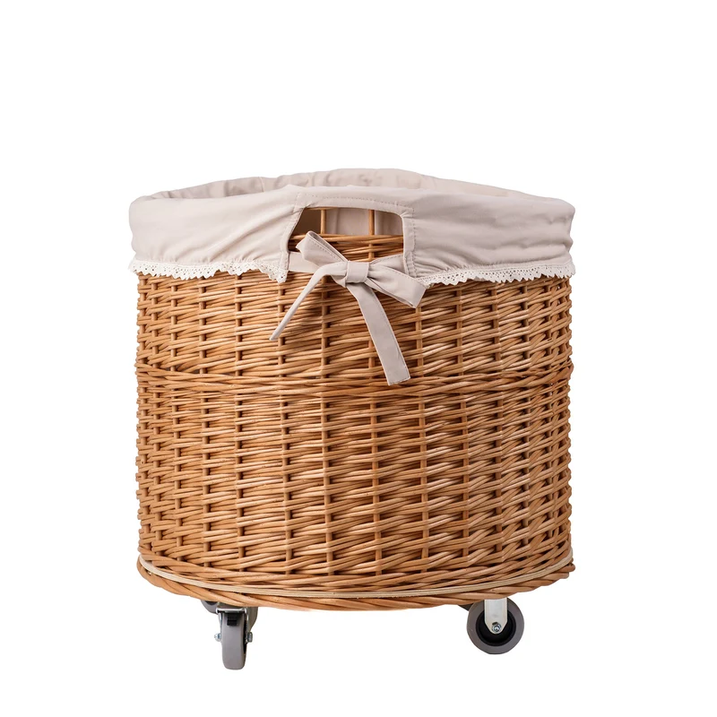 Caros large, round, mobile storage basket — wicker display basket with fabric lining by TheWickerStories