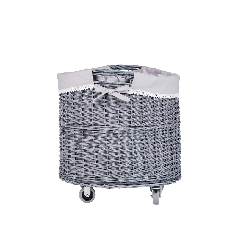 Caros large, round, mobile storage basket, wicker display basket with trim TheWickerStories