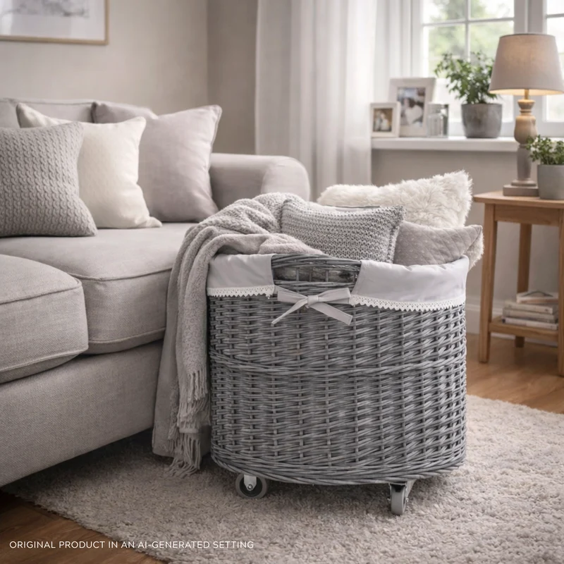 Caros large, round, mobile storage basket, wicker display basket with trim TheWickerStories