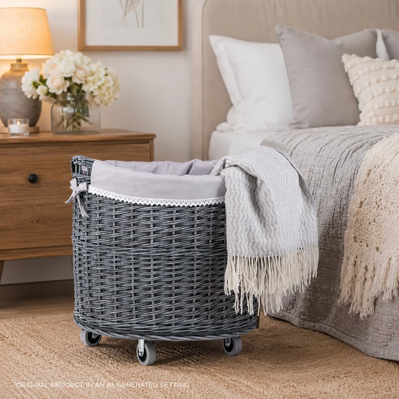 Caros large, round, mobile storage basket, wicker display basket with trim TheWickerStories