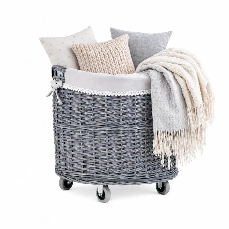 Caros large, round, mobile storage basket, wicker display basket with trim TheWickerStories