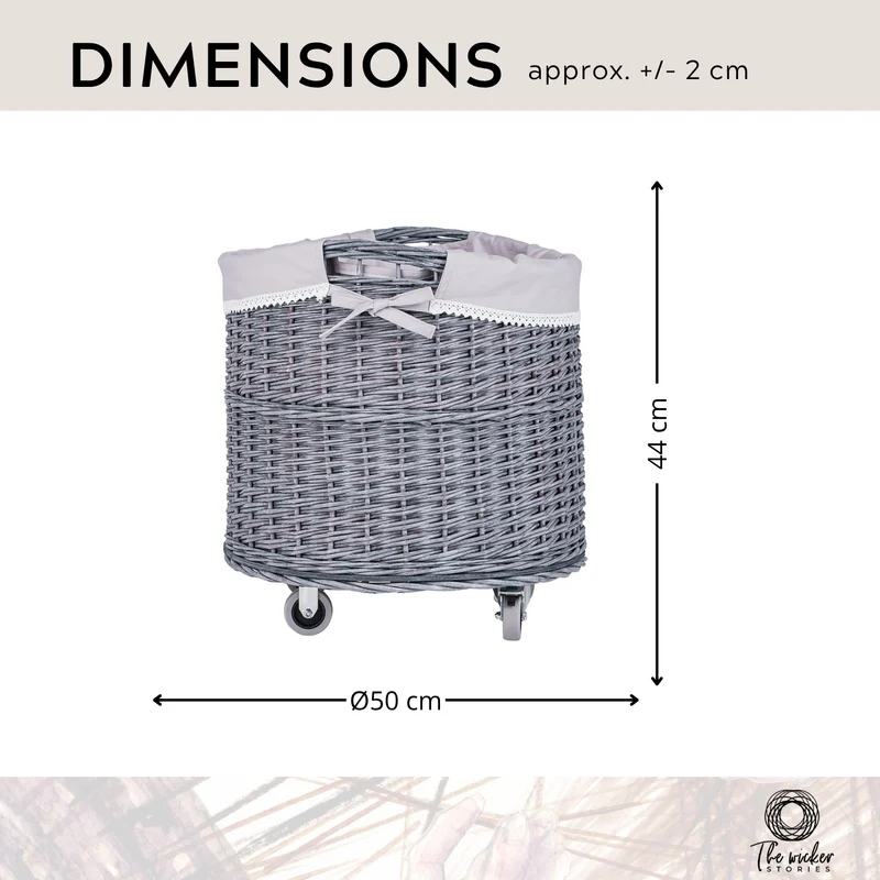 Caros large, round, mobile storage basket, wicker display basket with trim TheWickerStories