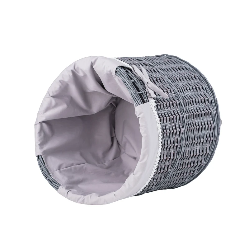 Caros large, round, mobile storage basket, wicker display basket with trim TheWickerStories