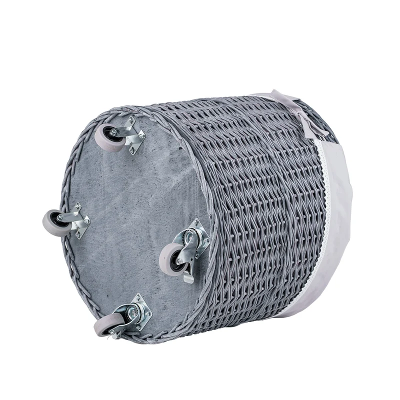 Caros large, round, mobile storage basket, wicker display basket with trim TheWickerStories