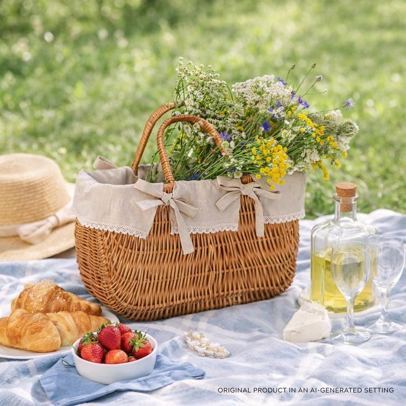 Werlissa wicker basket–picnic bag with beige trim and handles TheWickerStories