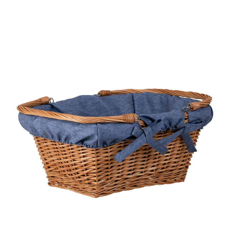 Wulfhildis shopping basket with a wicker handle and blue trim TheWickerStories