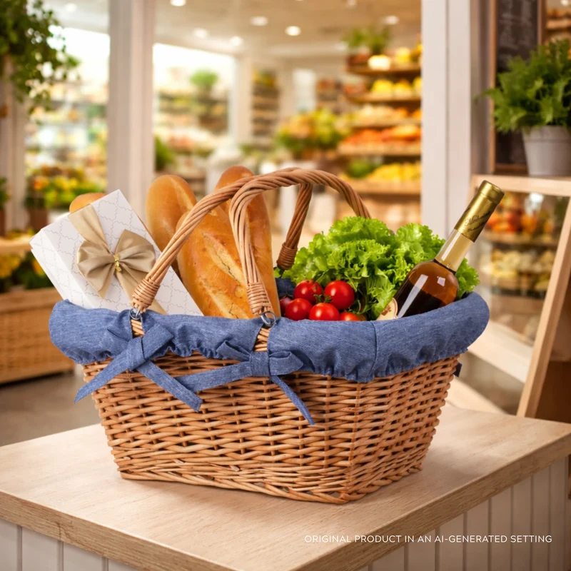 Wulfhildis shopping basket with a wicker handle and blue trim TheWickerStories
