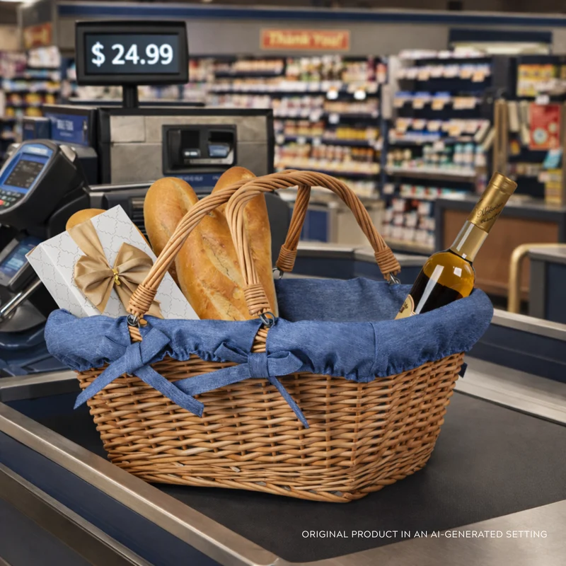 Wulfhildis shopping basket with a wicker handle and blue trim TheWickerStories
