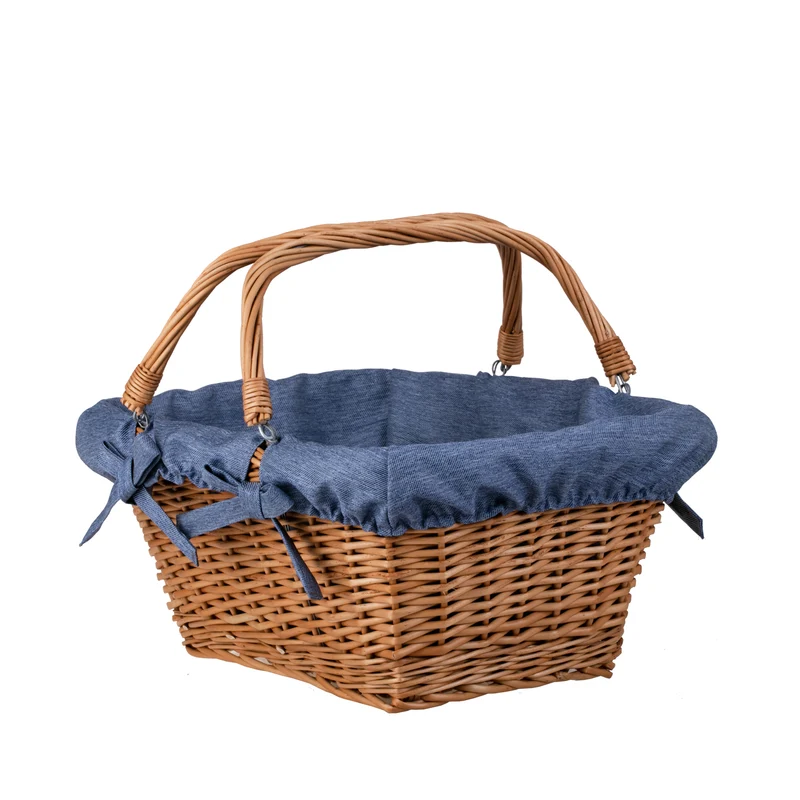 Wulfhildis shopping basket with a wicker handle and blue trim TheWickerStories