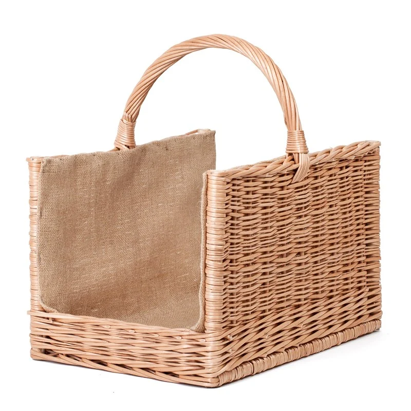 Fivina wicker basket for firewood with jute trim and handle TheWickerStories