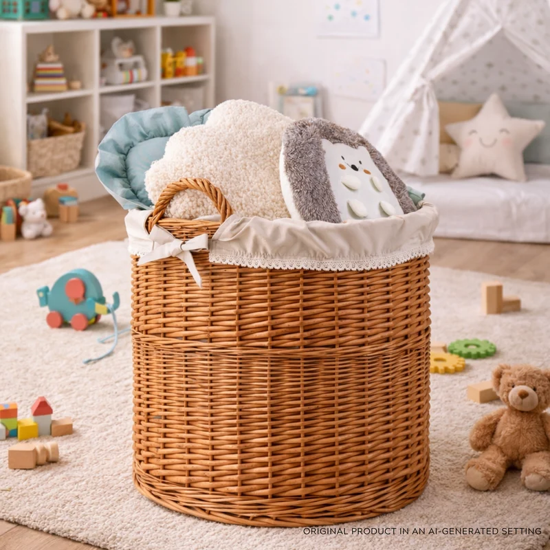 Bawira large round storage basket, wicker display basket with handles and trim TheWickerStories