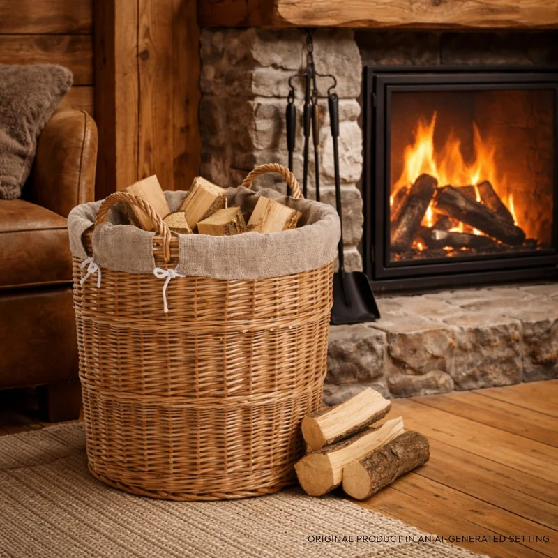 Bawira large round wicker storage basket for display, with handles and jute trim TheWickerStories