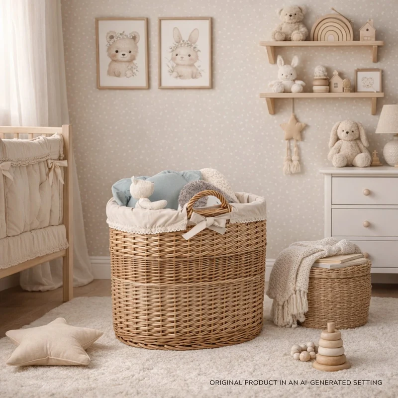 Celia decorative wicker storage basket with beige trim TheWickerStories