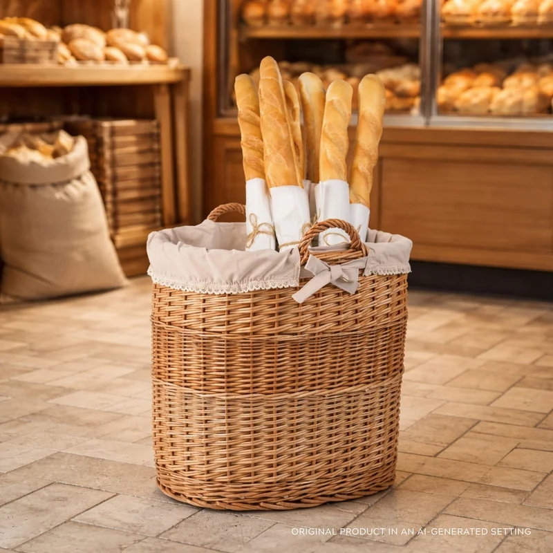 Celia decorative wicker storage basket with beige trim TheWickerStories