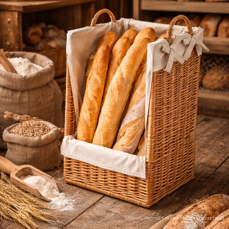 Bretia wicker display basket, baguette stand, bread display with trim TheWickerStories