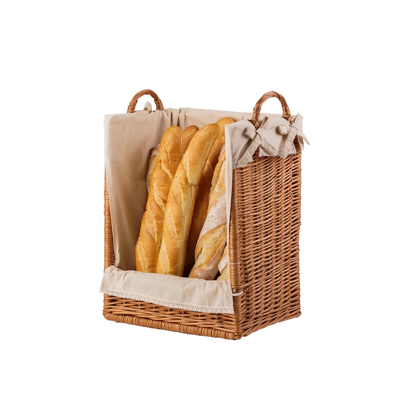 Bretia wicker display basket, baguette stand, bread display with trim TheWickerStories