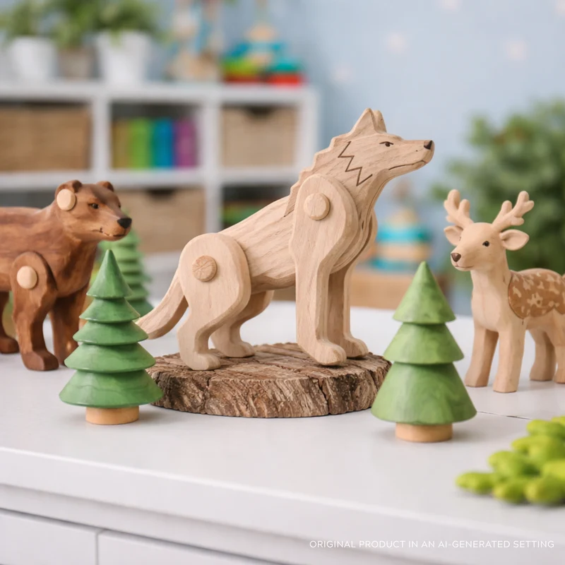 Pinus wooden wolf – movable educational toy for children TheWickerStories