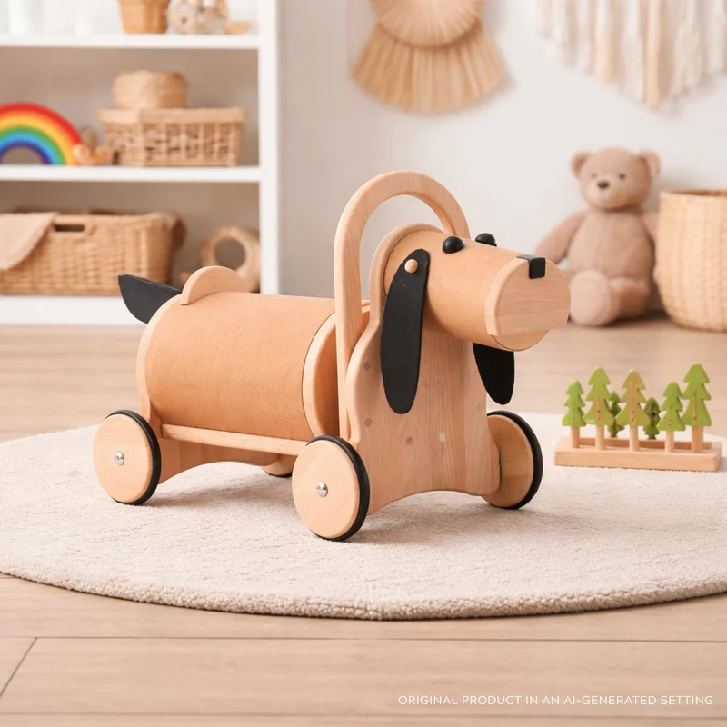 Poma wooden puppy on wheels with handle – ride-on toy for kids TheWickerStories