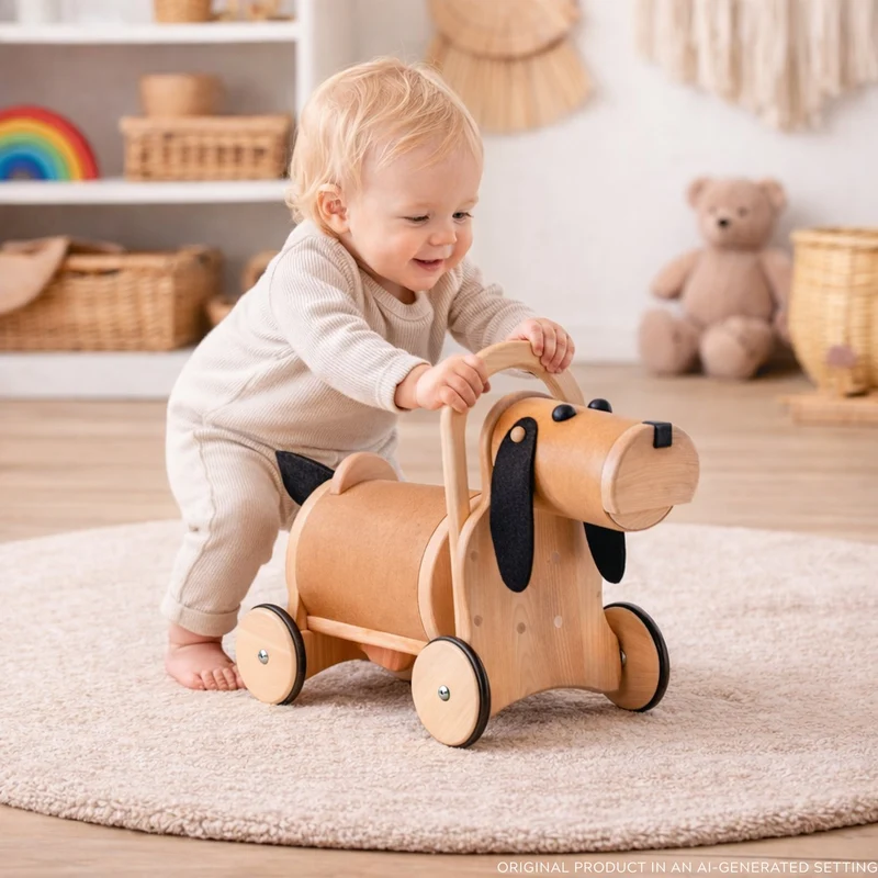Poma wooden puppy on wheels with handle – ride-on toy for kids TheWickerStories