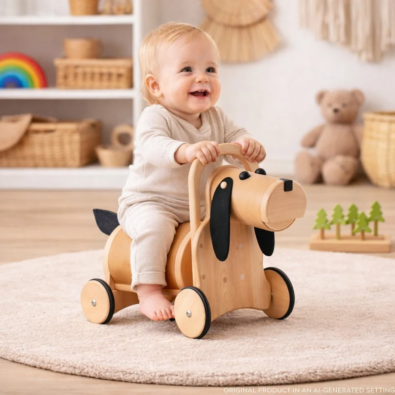 Poma wooden puppy on wheels with handle – ride-on toy for kids TheWickerStories