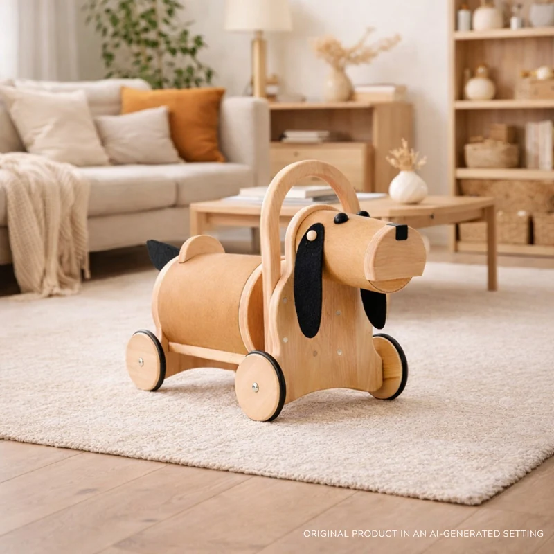 Poma wooden puppy on wheels with handle – ride-on toy for kids TheWickerStories