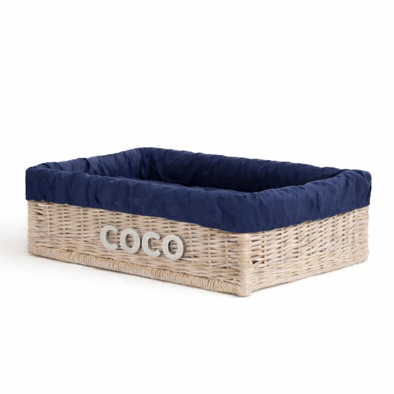 Epimoria wicker pet bed for dogs and cats with engraving, navy trim and cushion by TheWickerStories
