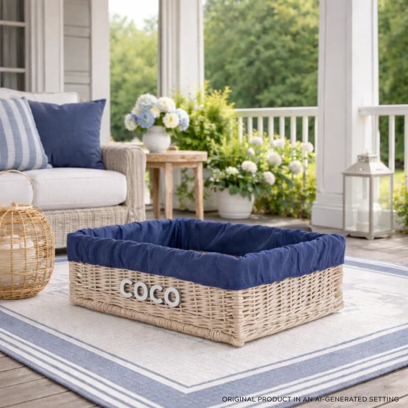 Epimoria wicker pet bed for dogs and cats with engraving, navy trim and cushion by TheWickerStories