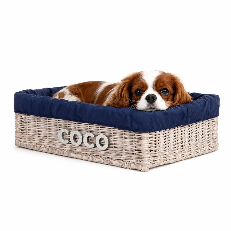 Epimoria wicker pet bed for dogs and cats with engraving, navy trim and cushion by TheWickerStories