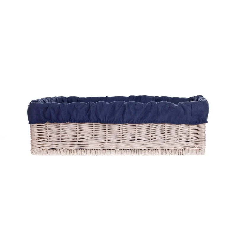 Epimoria wicker pet bed for dogs and cats with engraving, navy trim and cushion by TheWickerStories