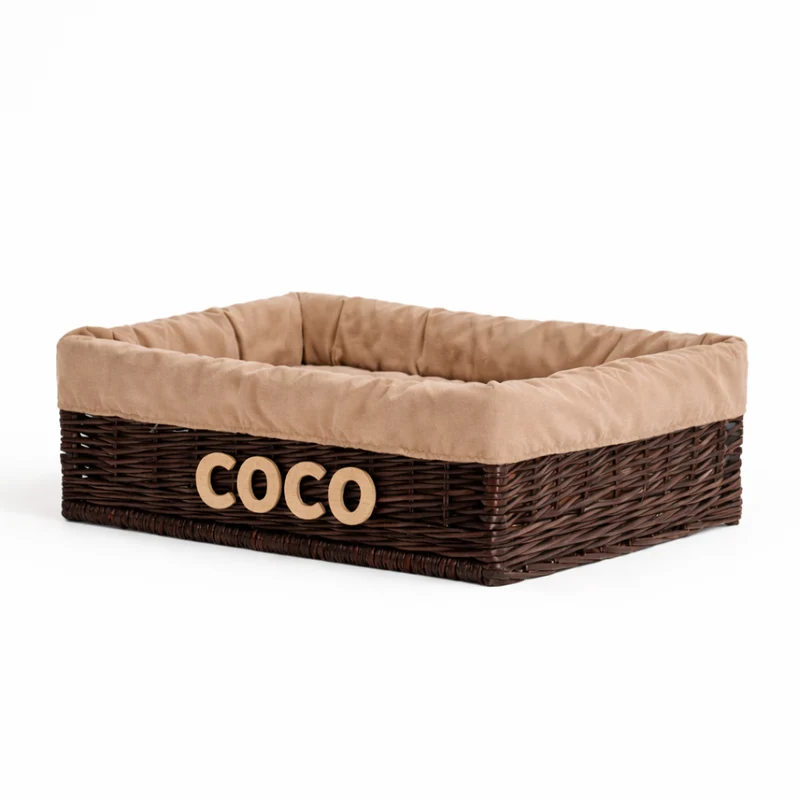 Epimoria wicker pet bed for dogs and cats with engraving, beige trim and cushion TheWickerStories
