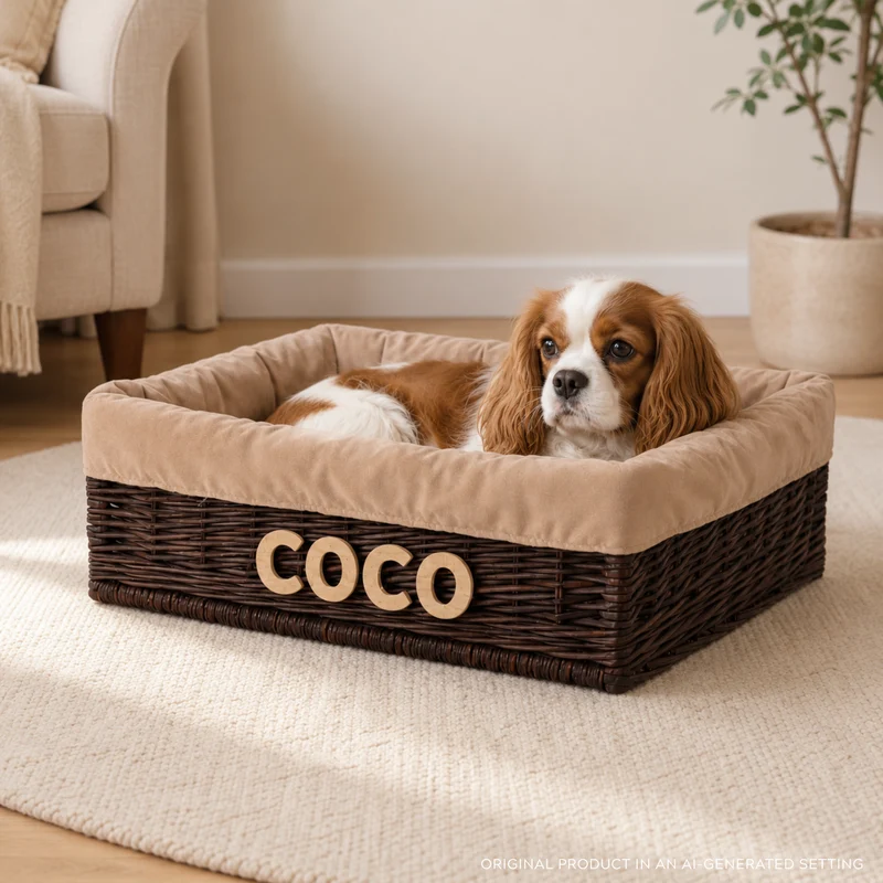 Epimoria wicker pet bed for dogs and cats with engraving, beige trim and cushion TheWickerStories