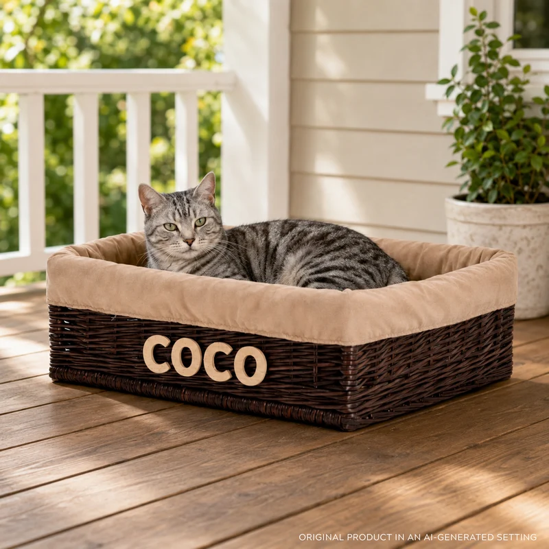 Epimoria wicker pet bed for dogs and cats with engraving, beige trim and cushion TheWickerStories