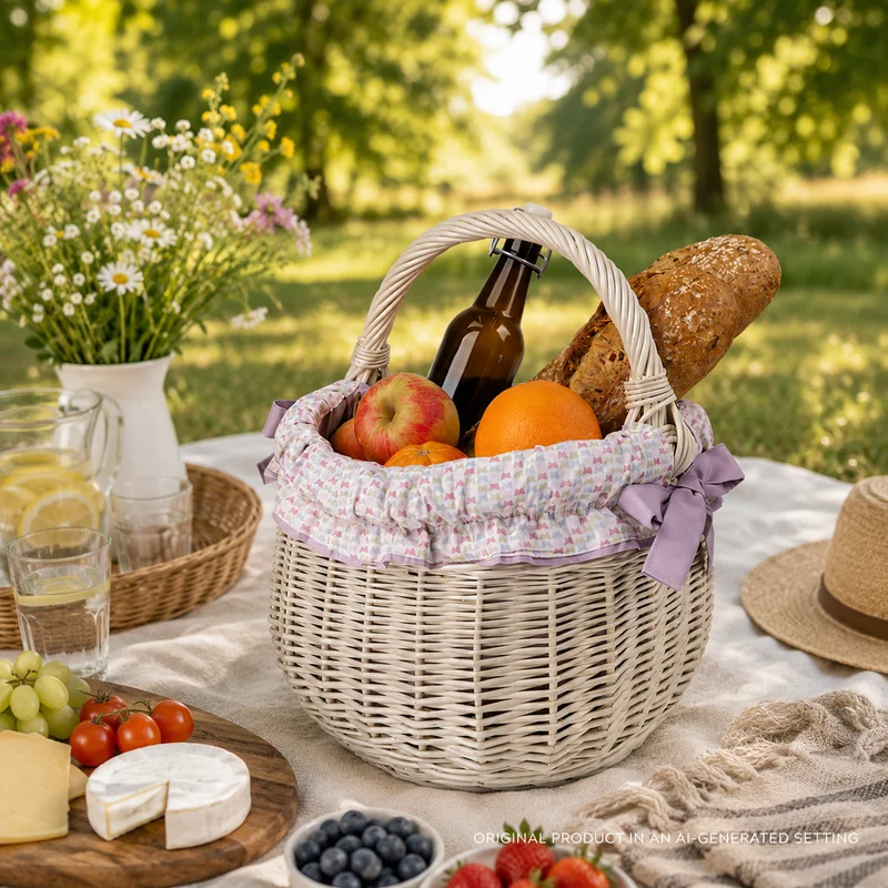 Wictor wicker shopping basket, picnic basket with purple trim, with handle TheWickerStories