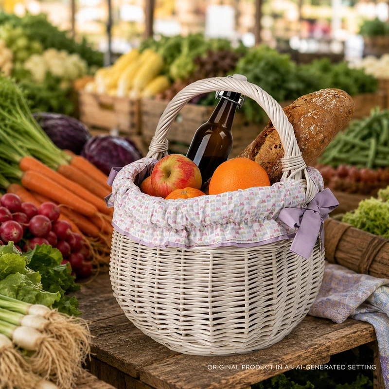 Wictor wicker shopping basket, picnic basket with purple trim, with handle TheWickerStories