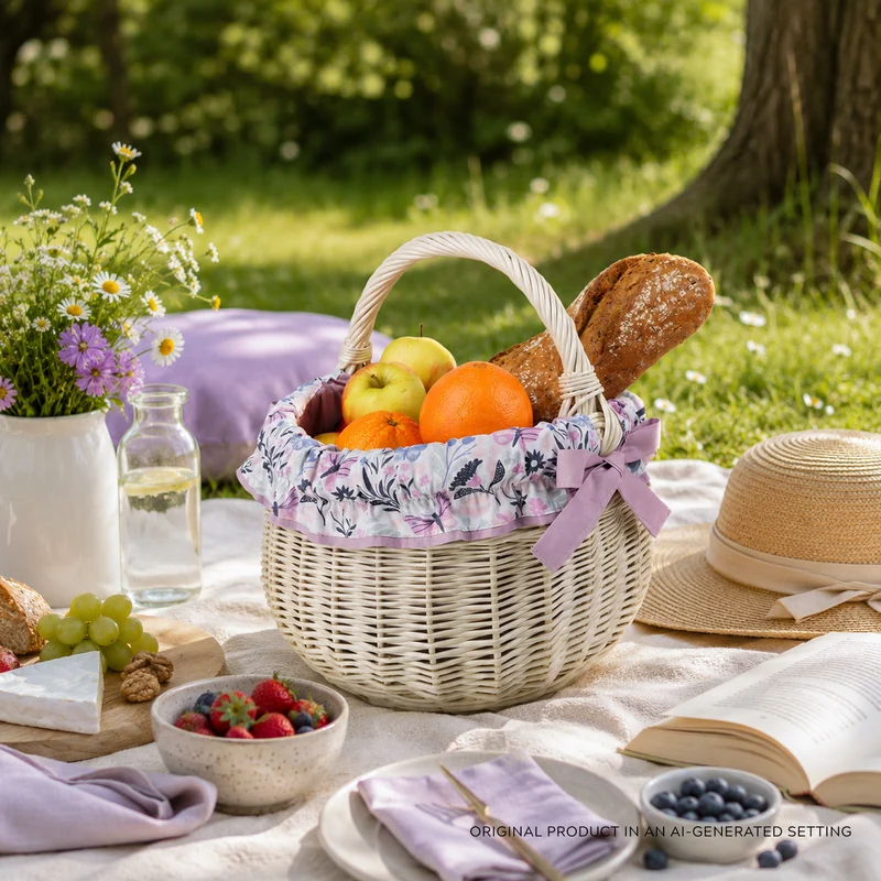 Wictor wicker shopping and picnic basket with purple trim and handle TheWickerStories