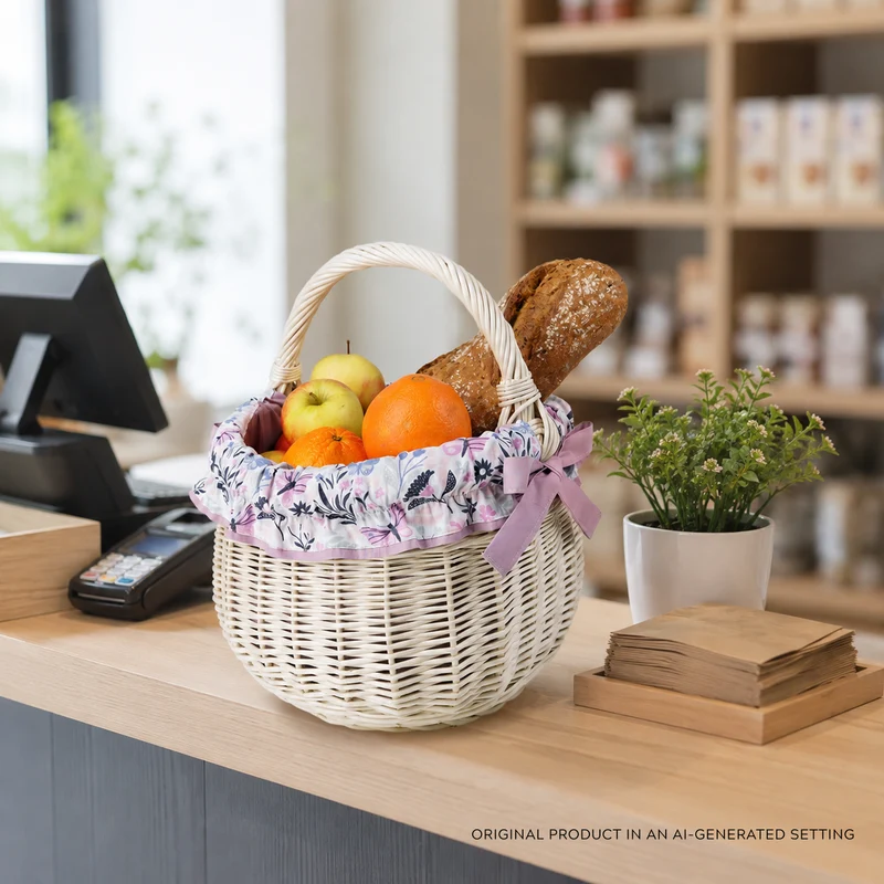 Wictor wicker shopping and picnic basket with purple trim and handle TheWickerStories