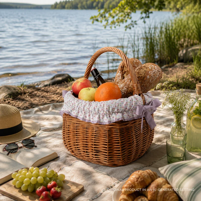 Wictor wicker shopping basket for groceries, picnic-style with purple trim and handle by TheWickerStories