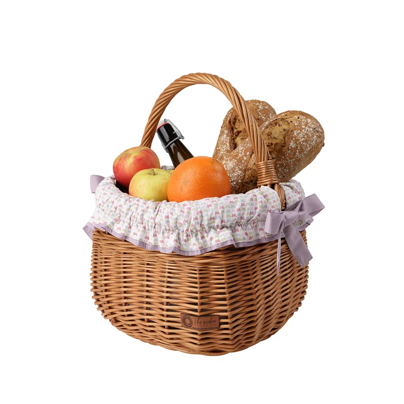 Wictor wicker shopping basket for groceries, picnic-style with purple trim and handle by TheWickerStories