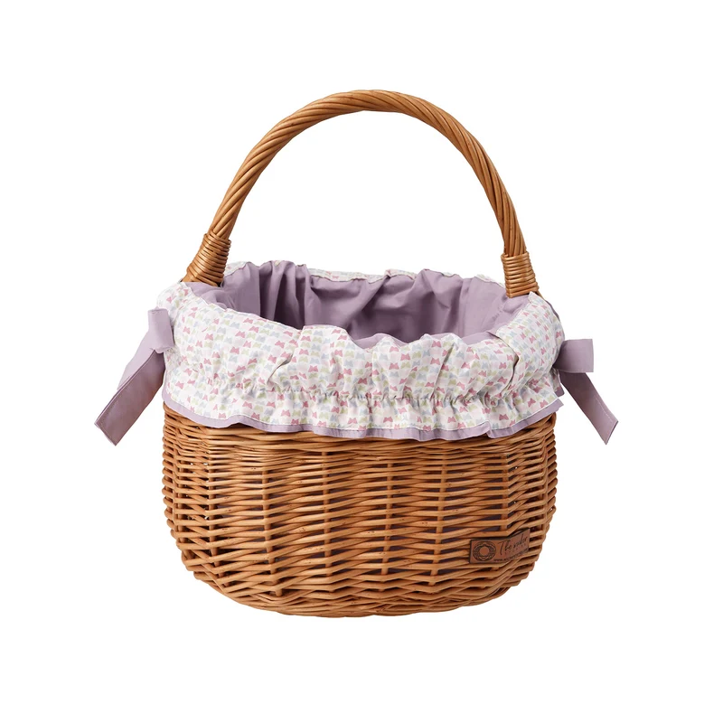 Wictor wicker shopping basket for groceries, picnic-style with purple trim and handle by TheWickerStories