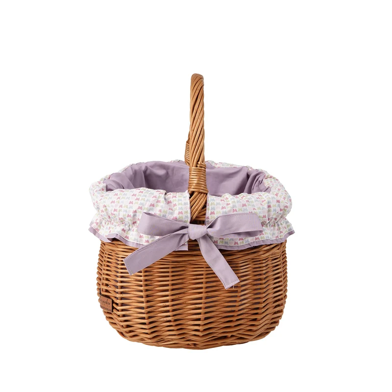 Wictor wicker shopping basket for groceries, picnic-style with purple trim and handle by TheWickerStories