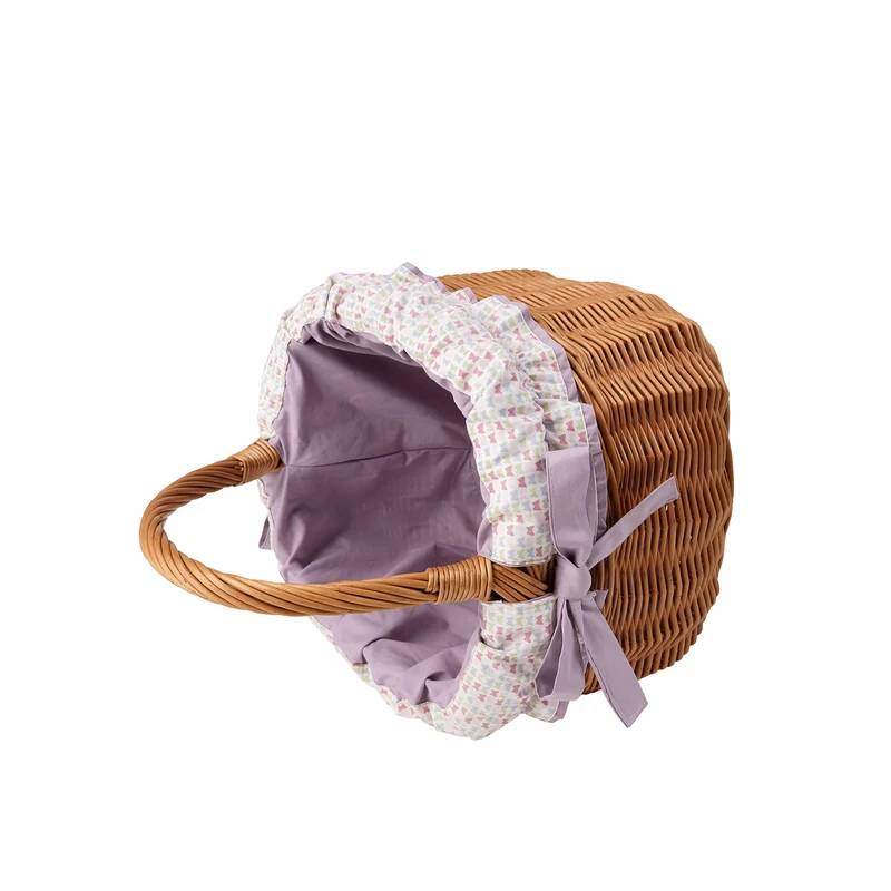Wictor wicker shopping basket for groceries, picnic-style with purple trim and handle by TheWickerStories