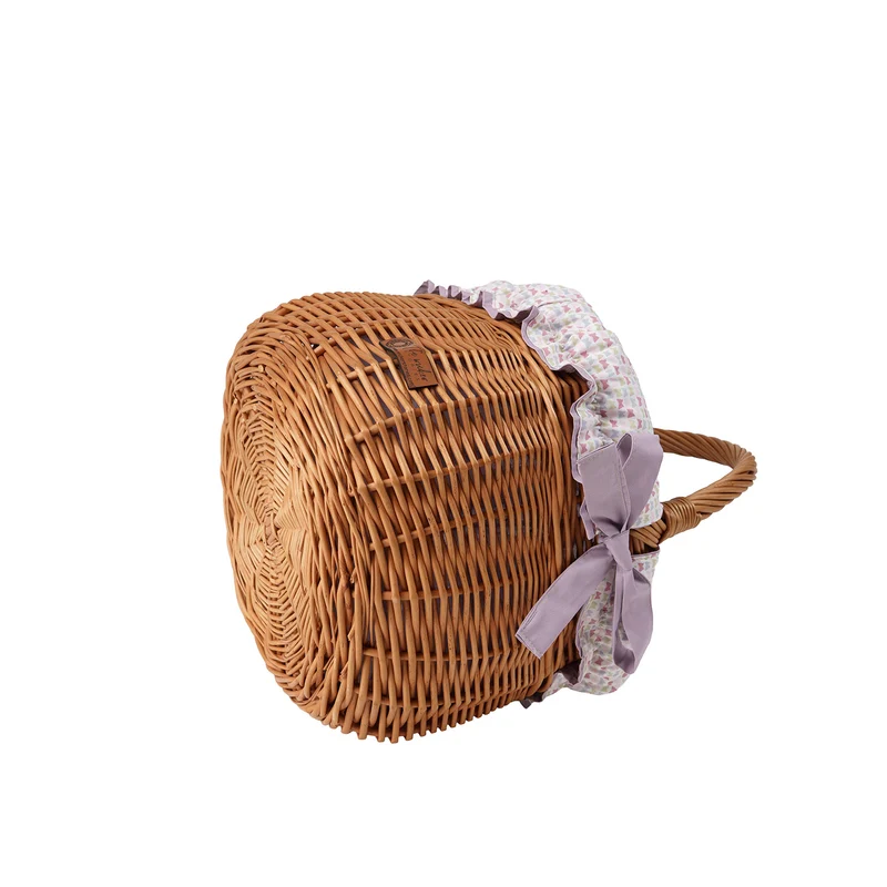 Wictor wicker shopping basket for groceries, picnic-style with purple trim and handle by TheWickerStories