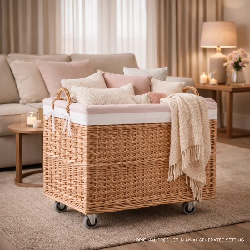 Salux wicker basket with pink lining and wheels TheWickerStories