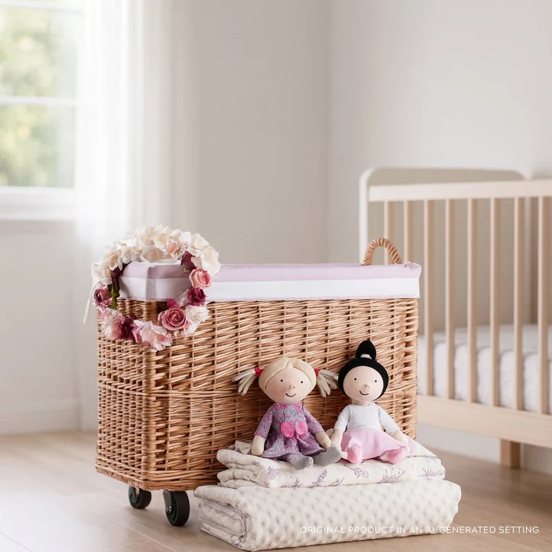 Salux wicker basket with pink lining and wheels TheWickerStories