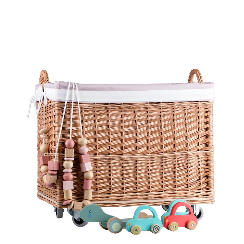 Salux wicker basket with pink lining and wheels TheWickerStories