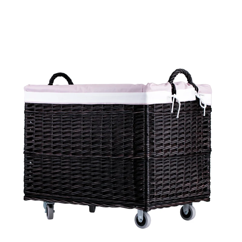 Salux wicker basket with pink lining and wheels TheWickerStories
