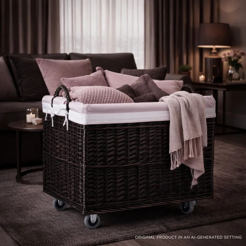 Salux wicker basket with pink lining and wheels TheWickerStories