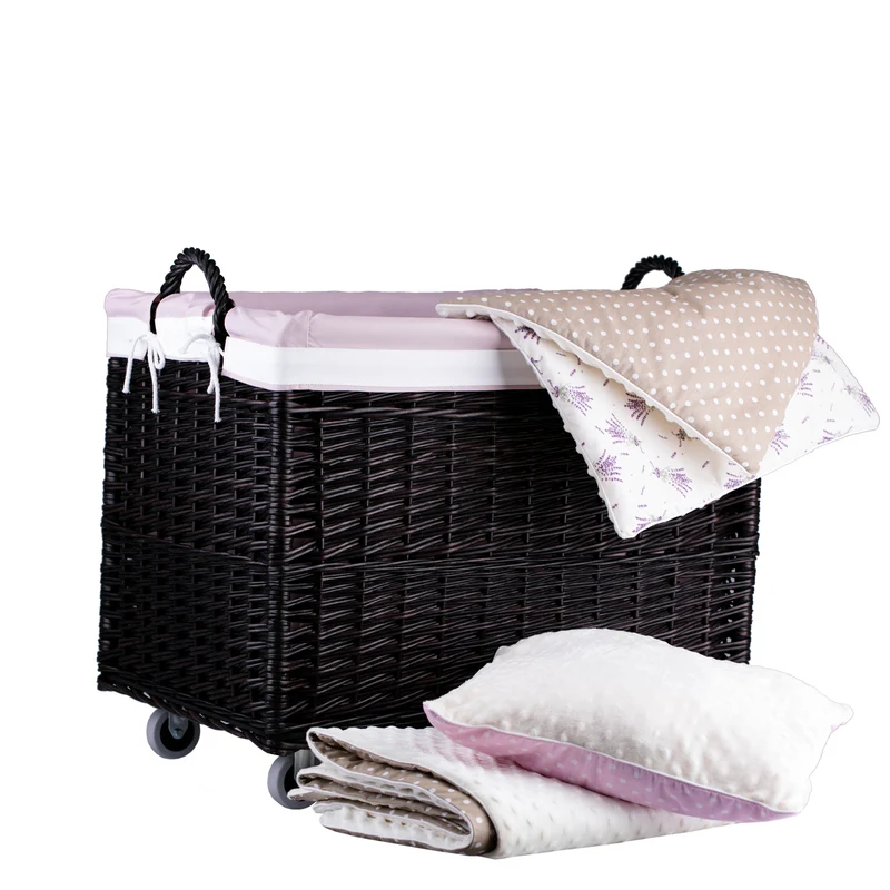 Salux wicker basket with pink lining and wheels TheWickerStories